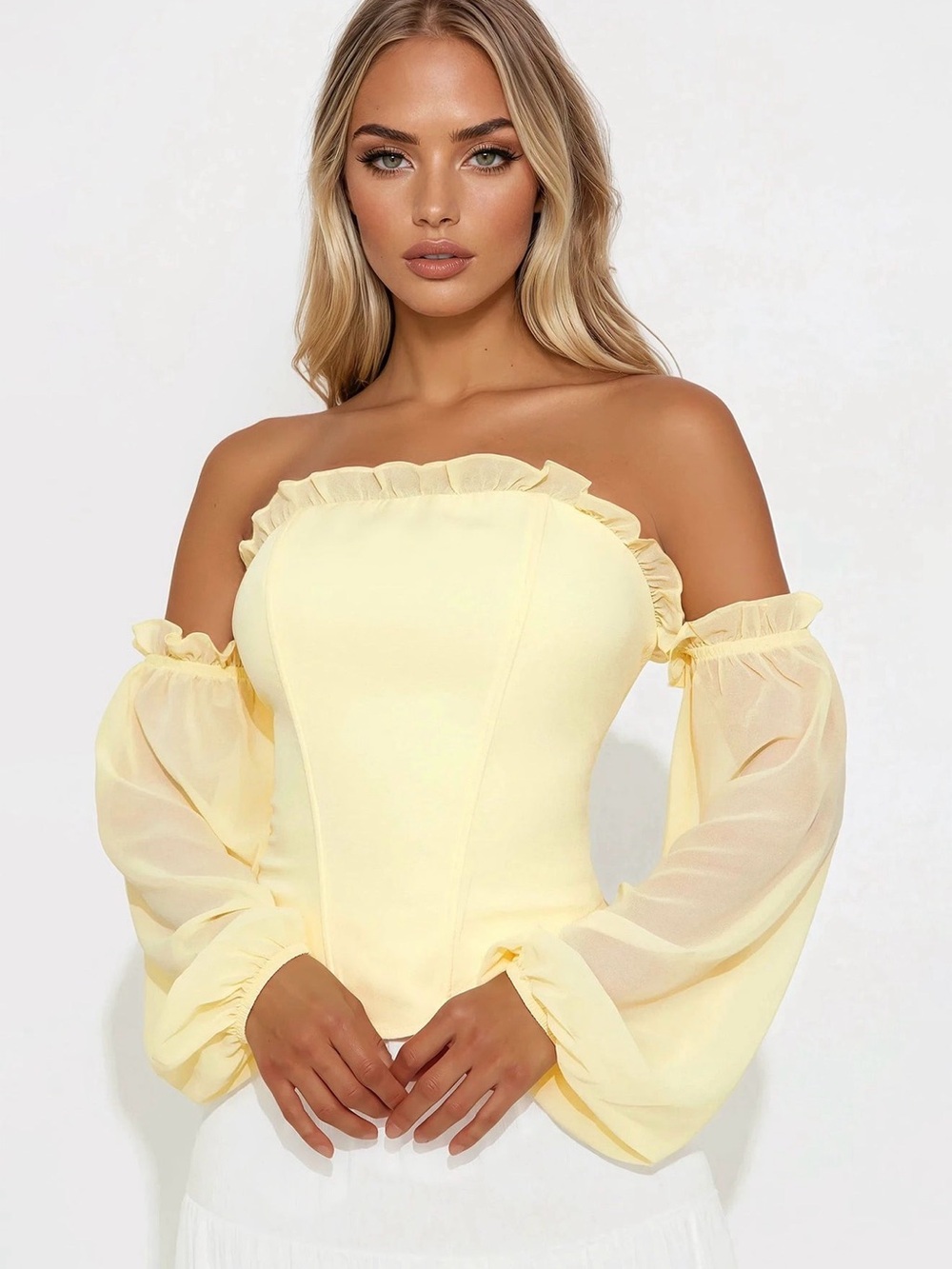 Strapless Ruffle Corset Top in Pale Yellow